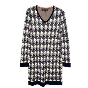 Rag & Bone Mariah Sweater Dress Medium Blue Houndstooth Wool V Neck Long Sleeve